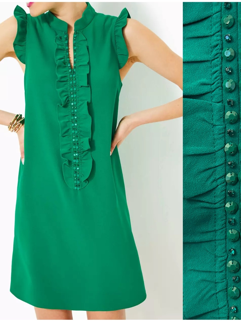 NWT Lilly Pulitzer Vibrant Green Ruffle & Pearl Trim Adalee Shift Dress